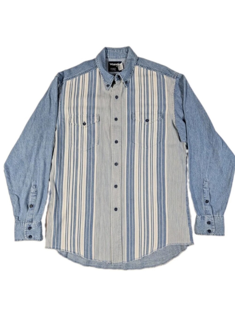 Vintage Wrangler Western Shirt Mens 16x34 Blue Striped Denim Chambray USA